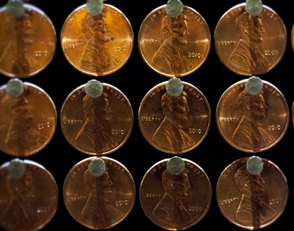 PENNY VIRGIN DETAIL – 2011 – Trump Towers PENNY VIRGIN DETAIL – 2011 – Trump Towers Ocean Club – Panama - US pennies and stainless steel nails on wood panel – 89.5” x 50”