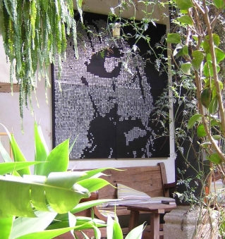 WEEPING JESUS – 2006 WEEPING JESUS – 2006 - Guatemalan coins and stainless steel nails on four black stained boards - 68” x 68”