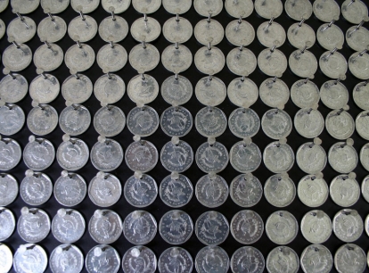 ROME DETAIL – 2006 – SOYKA’S ROME DETAIL – 2006 – SOYKA’S - Guatemalan coins and stainless steel nails on four black stained boards - 80” x 80”