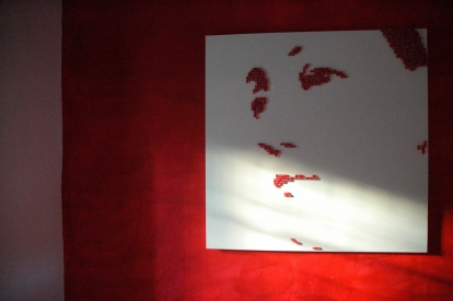 VIRGIN DE LAS VEGAS – 2006 VIRGIN DE LAS VEGAS – 2006 - Red casino dice on white lacquered panel – 95” x 71”