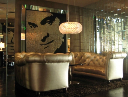 BOB – 2008 – HOTEL RIVIERA BOB – 2008 – HOTEL RIVIERA - Palm Springs, California - Guatemalan coins and stainless steel nails on four black stained boards - 80” x 80”