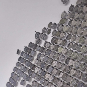 MAK-ONE DETAIL - 2013 MAK-ONE DETAIL - 2013 - Guatemalan coins and stainless steel nails on four white lacquered boards - 80” x 80” - US$13,500