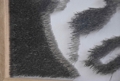 CLO IN PINS DETAIL OF BACK– 2009 CLO IN PINS DETAIL OF BACK– 2009 - Stainless steel straight pins on stretched canvas in caoba frame – 15” x 15” x 2¼”