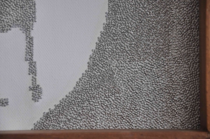 CLO IN PINS DETAIL OF FRONT– 2009 CLO IN PINS DETAIL OF FRONT– 2009 - Stainless steel straight pins on stretched canvas in caoba frame – 15” x 15” x 2¼”