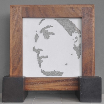 MARIA IN PINS – 2009 MARIA IN PINS – 2009 - Stainless steel straight pins on stretched canvas in caoba frame – 12” x 12” x 2¼”